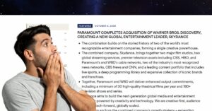 Concerned man in front of Skydance’s announcement confirming Paramount’s acquisition of Warner Bros. Discovery.