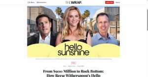 TheWrap article screenshot showing Reese Witherspoon, Hello Sunshine, Kevin Mayer and Tom Staggs in reporting about Hello Sunshine’s valuation and sale.