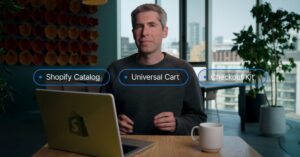 Shopify presentation showing Shopify Catalog, Universal Cart, and Checkout Kit as components of an AI shopping and checkout flow.