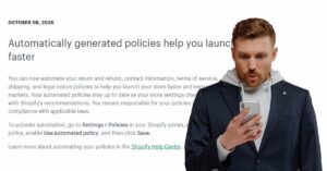 Shopify changelog announcing automated store policies, with a surprised man looking at his phone.