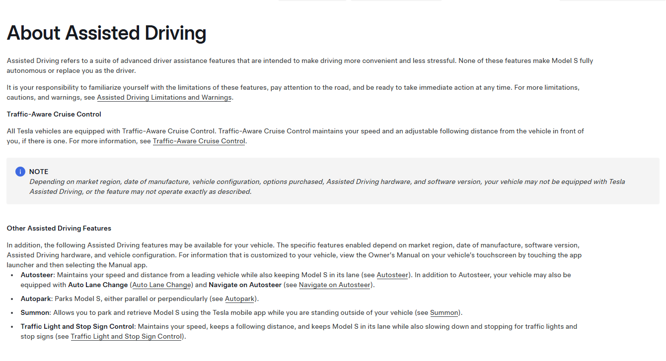 Tesla owner manual page explaining Assisted Driving and stating that the features do not make the vehicle fully autonomous or replace the driver.