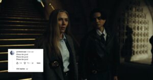 Dark scene from The Exorcist: Martyrs trailer with a YouTube viewer comment repeating “Please be good” three times.