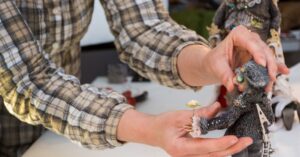 Hands adjusting a puppet on a tabletop for stop-motion animation.